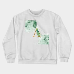 Letter A Gold Monogram with Leaves Green Watercolor Slats Graphic Design Crewneck Sweatshirt